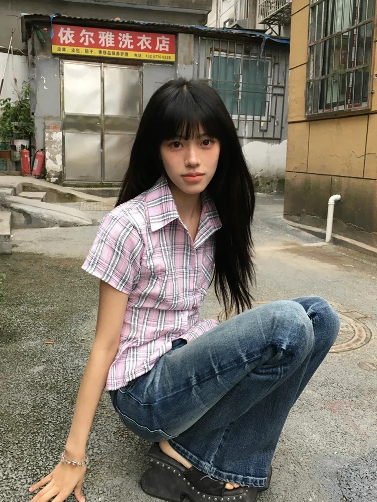 Tonngirls American Retro Plaid Shirt Women Short Sleeve Slim Shirt And Blouse Streetwear Y2k Vintage Tops Japanese 2000s Tshirts