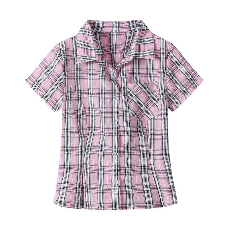 Tonngirls American Retro Plaid Shirt Women Short Sleeve Slim Shirt And Blouse Streetwear Y2k Vintage Tops Japanese 2000s Tshirts