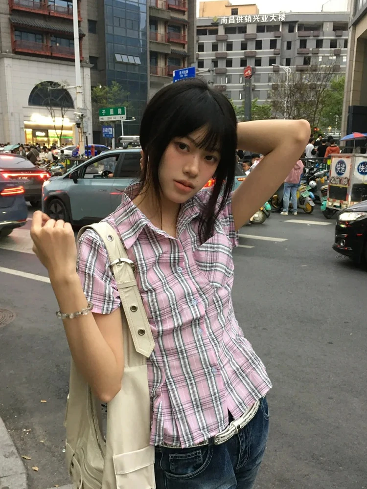 Tonngirls American Retro Plaid Shirt Women Short Sleeve Slim Shirt And Blouse Streetwear Y2k Vintage Tops Japanese 2000s Tshirts