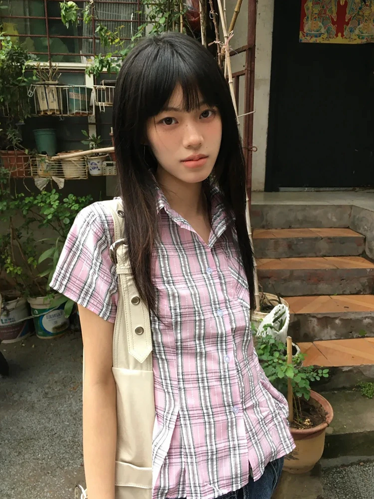 Tonngirls American Retro Plaid Shirt Women Short Sleeve Slim Shirt And Blouse Streetwear Y2k Vintage Tops Japanese 2000s Tshirts