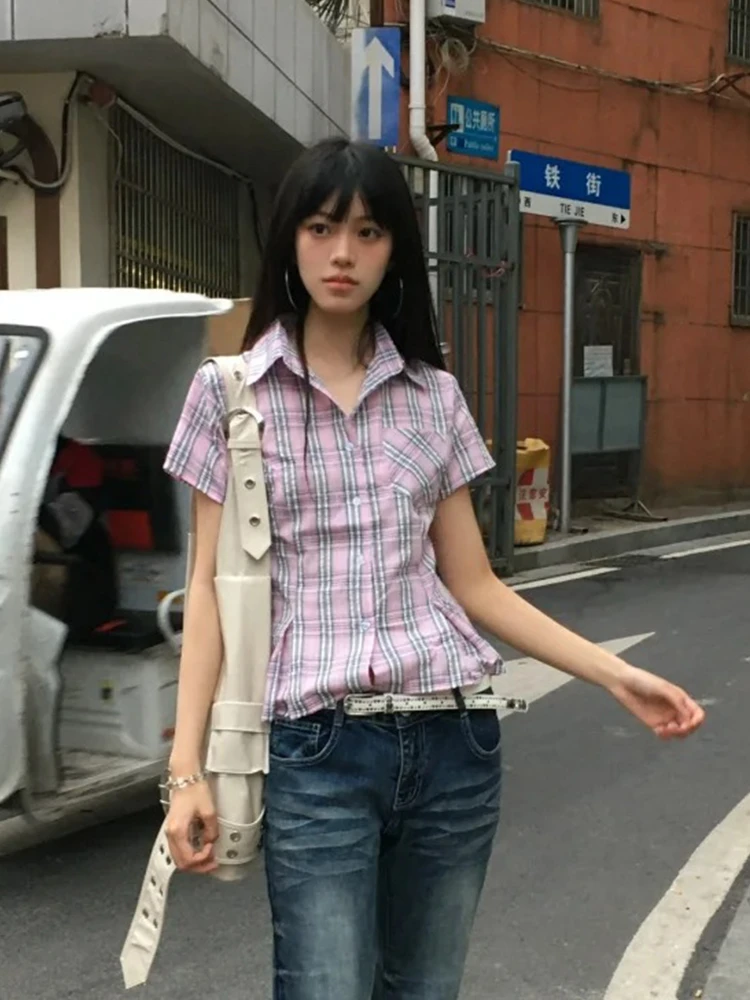 Tonngirls American Retro Plaid Shirt Women Short Sleeve Slim Shirt And Blouse Streetwear Y2k Vintage Tops Japanese 2000s Tshirts