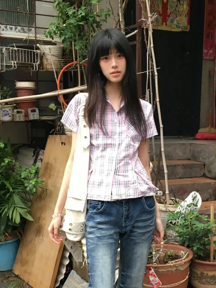 Tonngirls American Retro Plaid Shirt Women Short Sleeve Slim Shirt And Blouse Streetwear Y2k Vintage Tops Japanese 2000s Tshirts