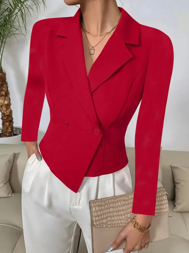 Women Casual Slim Ruched Buttons Blazers Notch Lapel Work Office Blazer