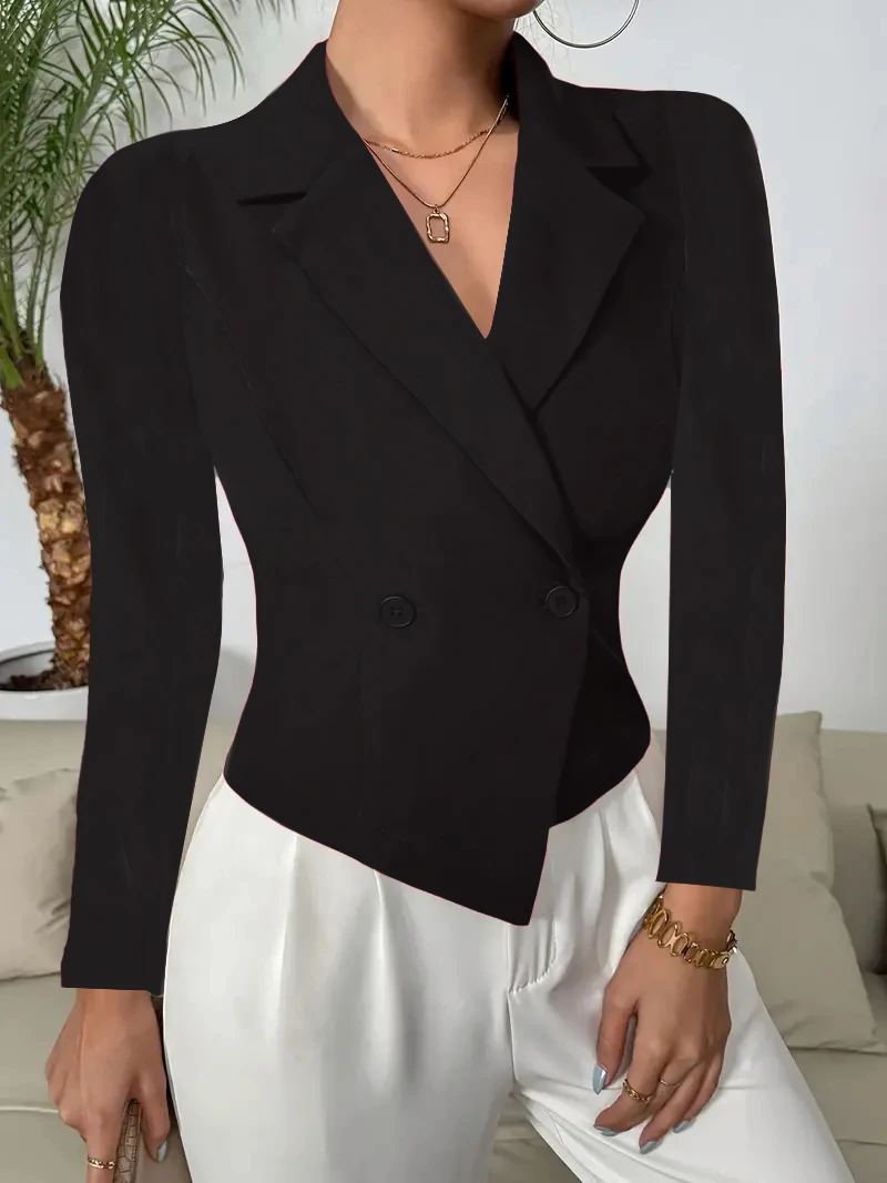 Women Casual Slim Ruched Buttons Blazers Notch Lapel Work Office Blazer