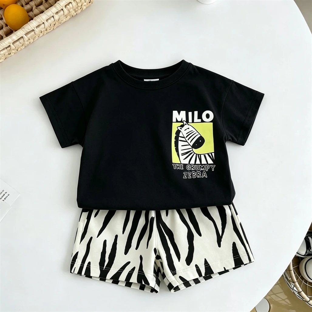 Fashion Costume Short-sleeved Shorts Outfits Summer Child Cartoon Tshirt Full Print Shorts 2Piece Set Toddler Cute Tees+Shorts