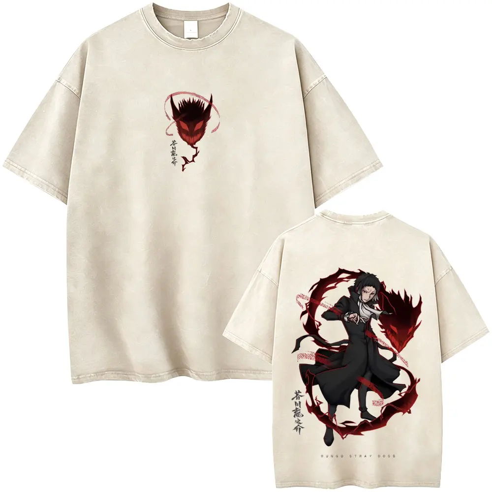 Washed Vintage Anime Bungo Stray Dogs Ryunosuke Akutagawa Merch T Shirts Men Casual Retro Cotton T-shirt Male Oversized T-shirts