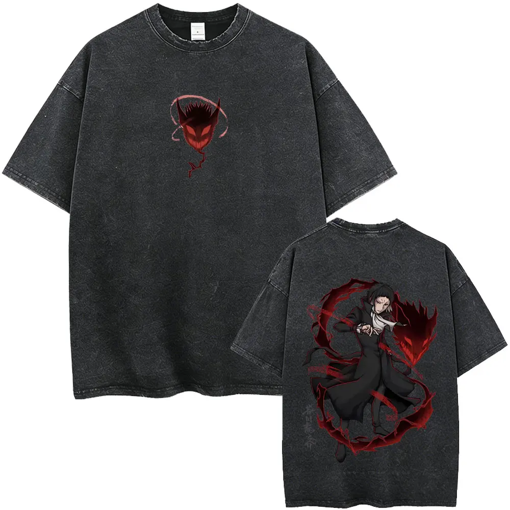 Washed Vintage Anime Bungo Stray Dogs Ryunosuke Akutagawa Merch T Shirts Men Casual Retro Cotton T-shirt Male Oversized T-shirts