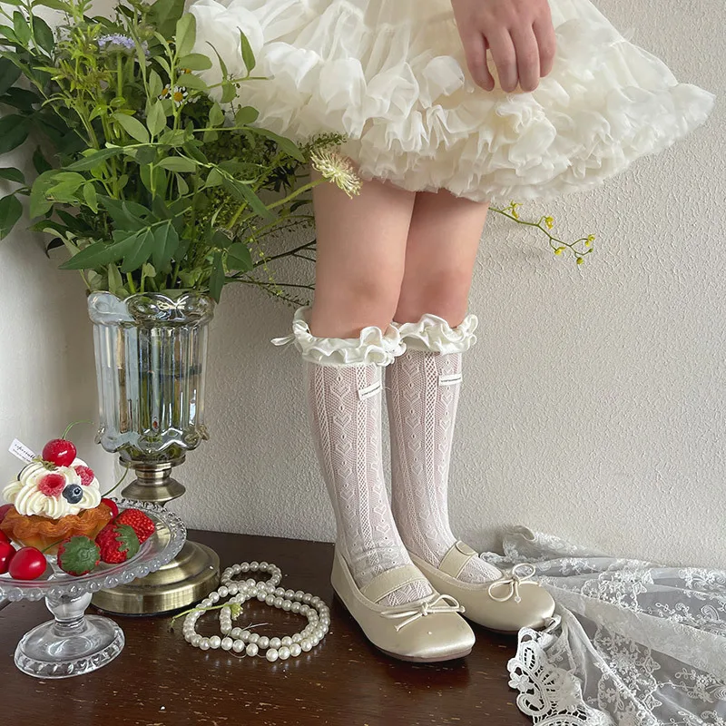 Japanese Style Kids Girls Mesh Eyelet Lace Socks Princess Breathable Knee High Socks Spring Children Sweet Stocking