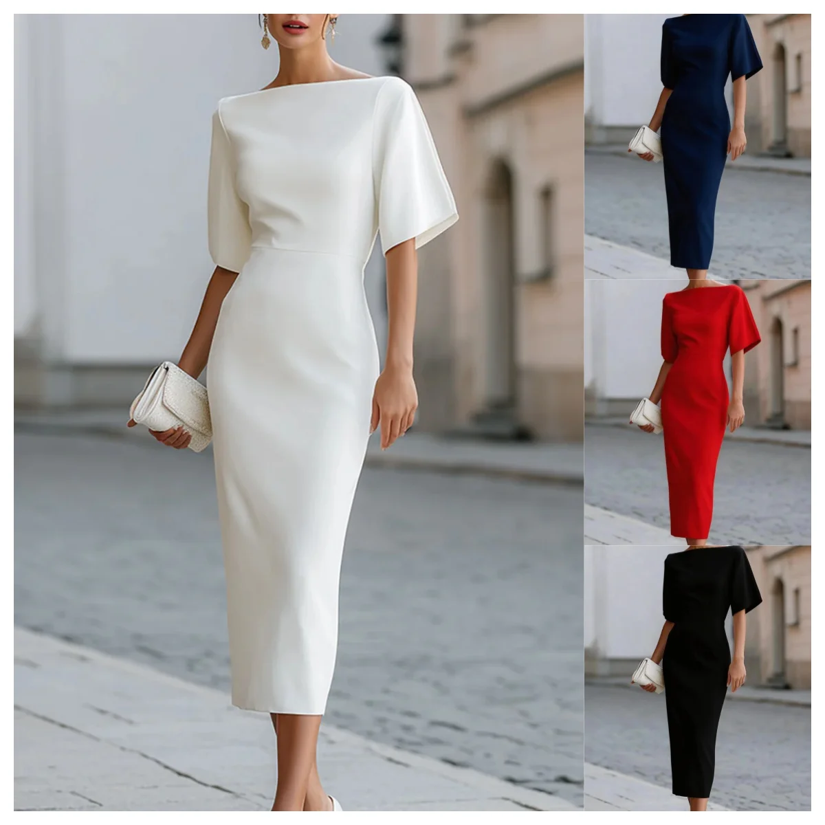 Boat Neck Midi Dress Short Sleeve Elegant Formal Cocktail Party Dress for Women