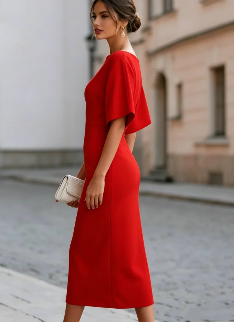Boat Neck Midi Dress Short Sleeve Elegant Formal Cocktail Party Dress for Women