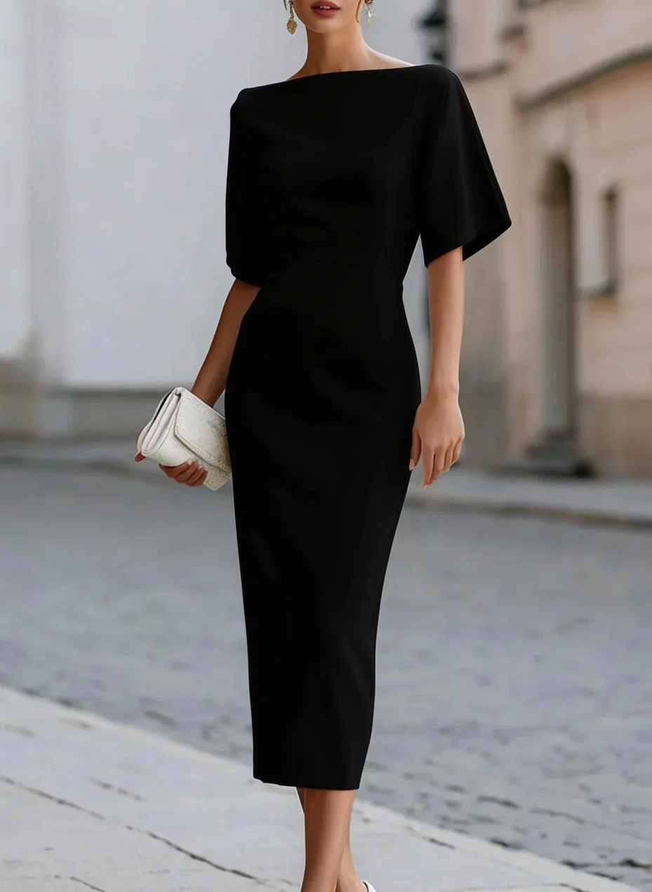 Boat Neck Midi Dress Short Sleeve Elegant Formal Cocktail Party Dress for Women
