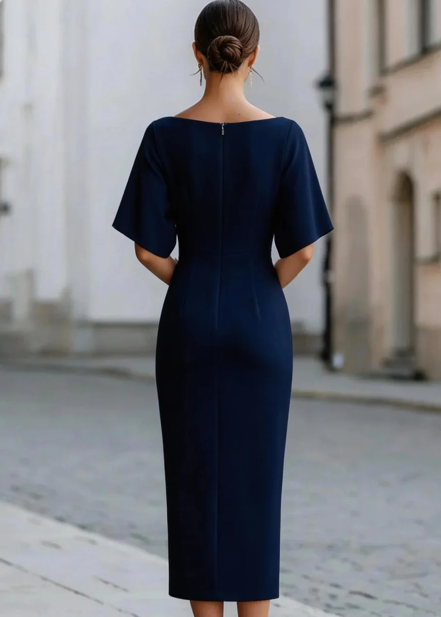 Boat Neck Midi Dress Short Sleeve Elegant Formal Cocktail Party Dress for Women