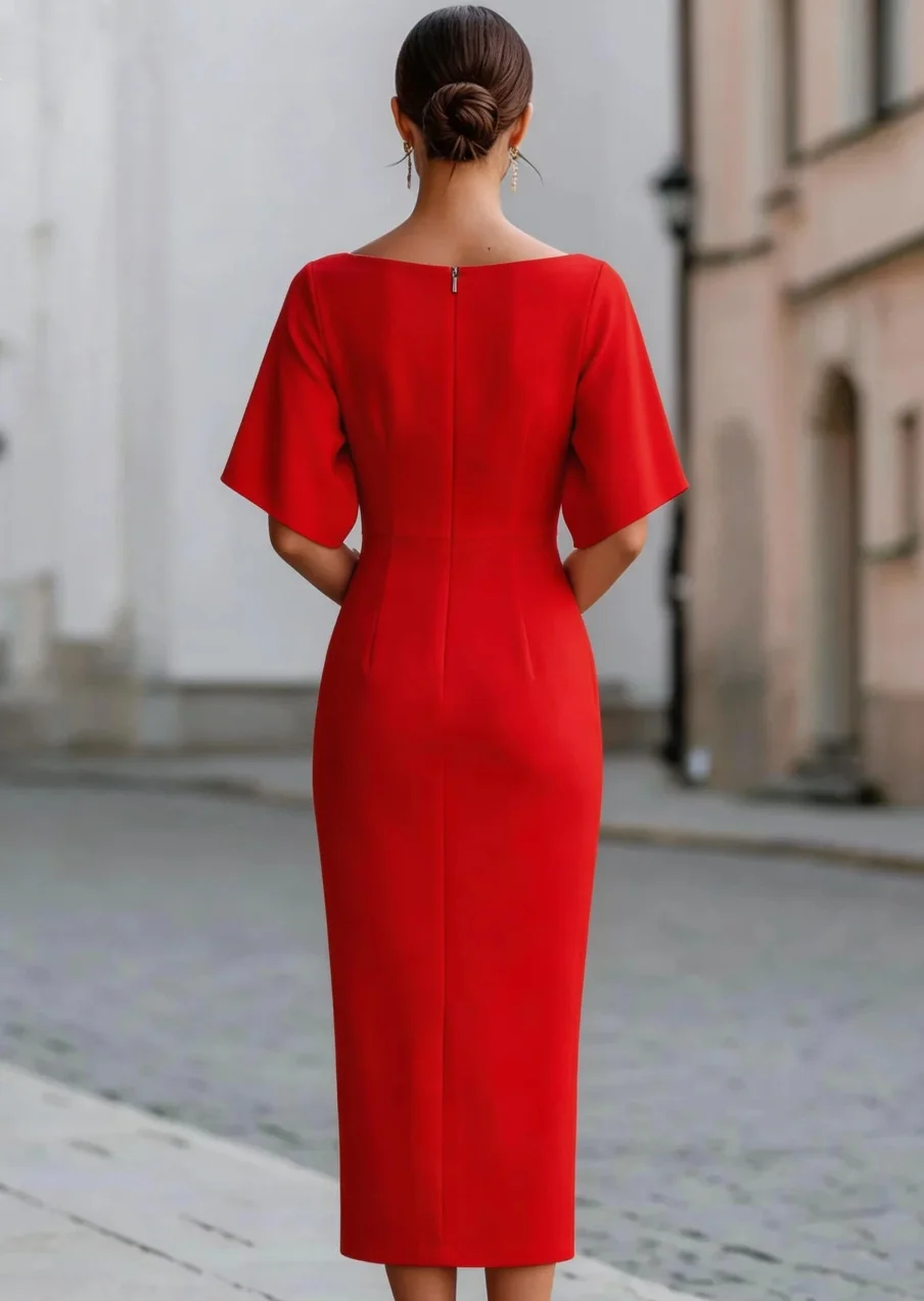 Boat Neck Midi Dress Short Sleeve Elegant Formal Cocktail Party Dress for Women