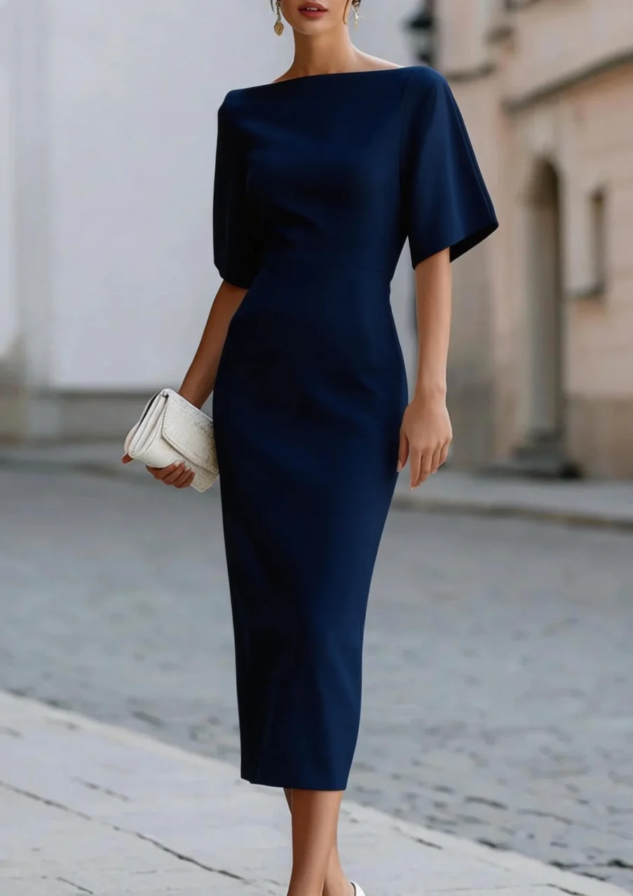 Boat Neck Midi Dress Short Sleeve Elegant Formal Cocktail Party Dress for Women