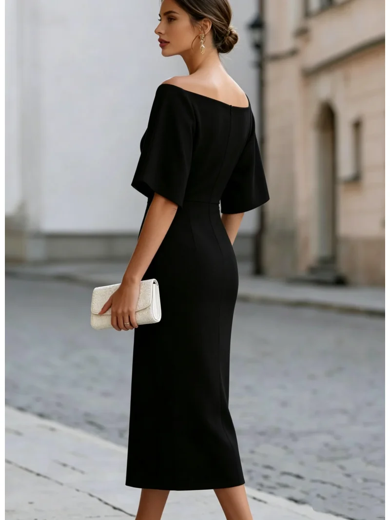 Boat Neck Midi Dress Short Sleeve Elegant Formal Cocktail Party Dress for Women