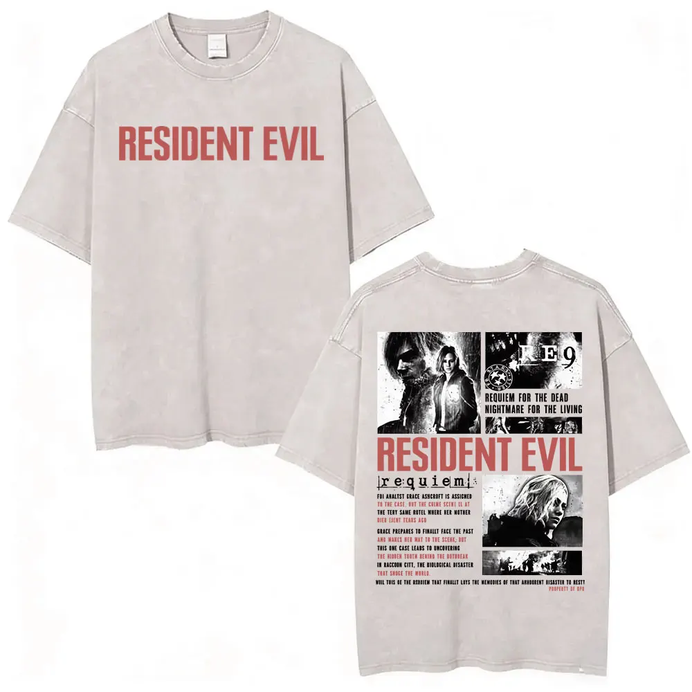 Resident Evil Requiem Washed T Shirt Leon Kennedy Grace Ashcroft Vintage 90s T-shirts Men Women Fashion Classic Harajuku T-shirt