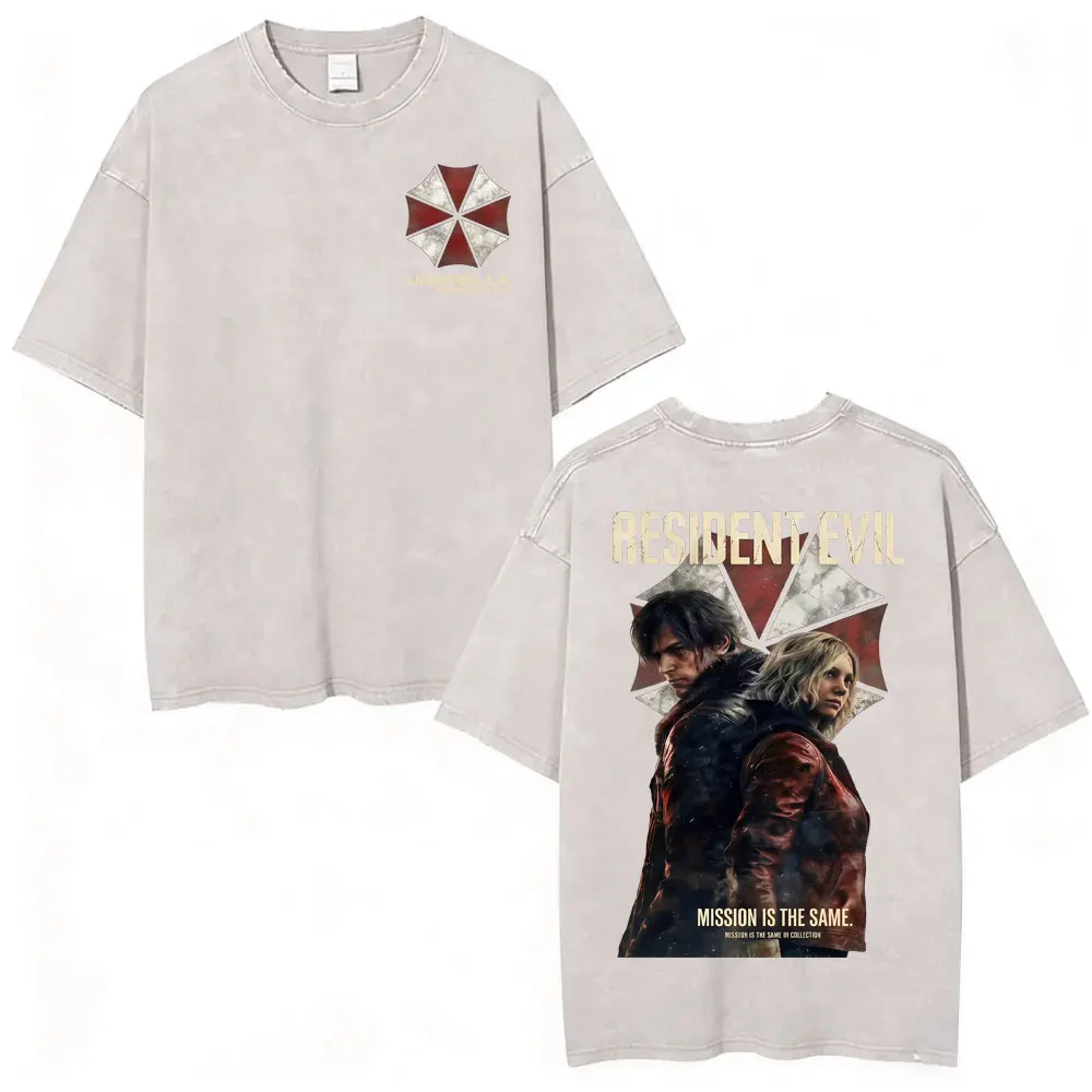 Resident Evil Requiem Washed T Shirt Leon Kennedy Grace Ashcroft Vintage 90s T-shirts Men Women Fashion Classic Harajuku T-shirt