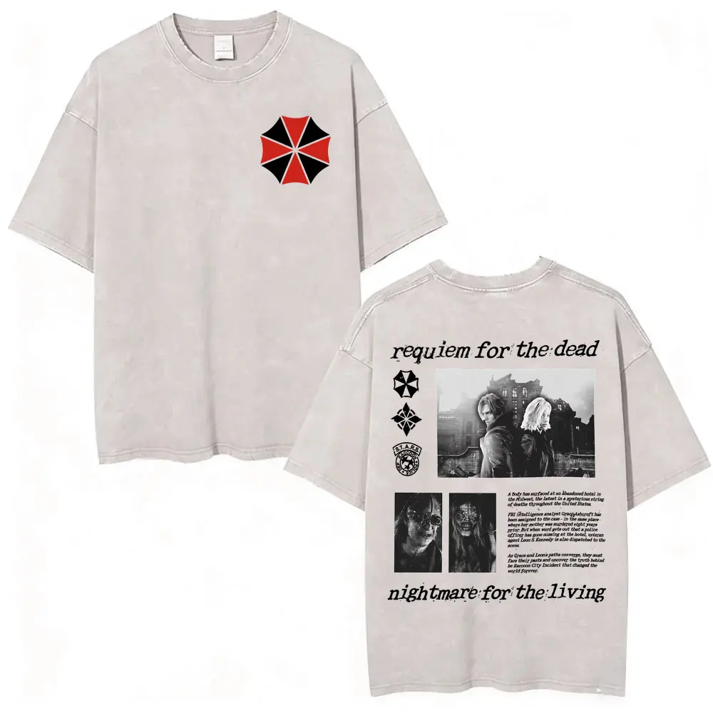 Resident Evil Requiem Washed T Shirt Leon Kennedy Grace Ashcroft Vintage 90s T-shirts Men Women Fashion Classic Harajuku T-shirt
