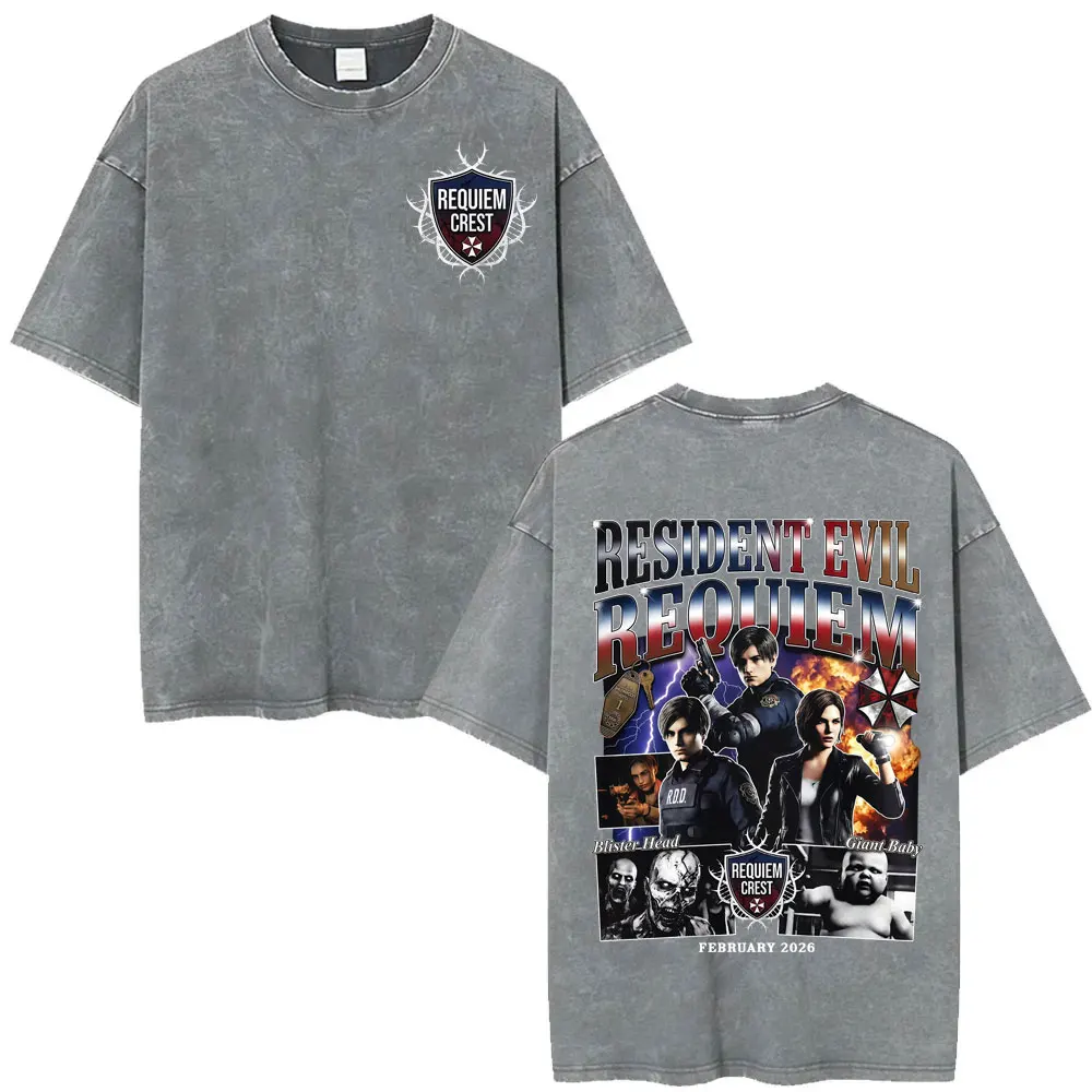 Resident Evil Requiem Washed T Shirt Leon Kennedy Grace Ashcroft Vintage 90s T-shirts Men Women Fashion Classic Harajuku T-shirt
