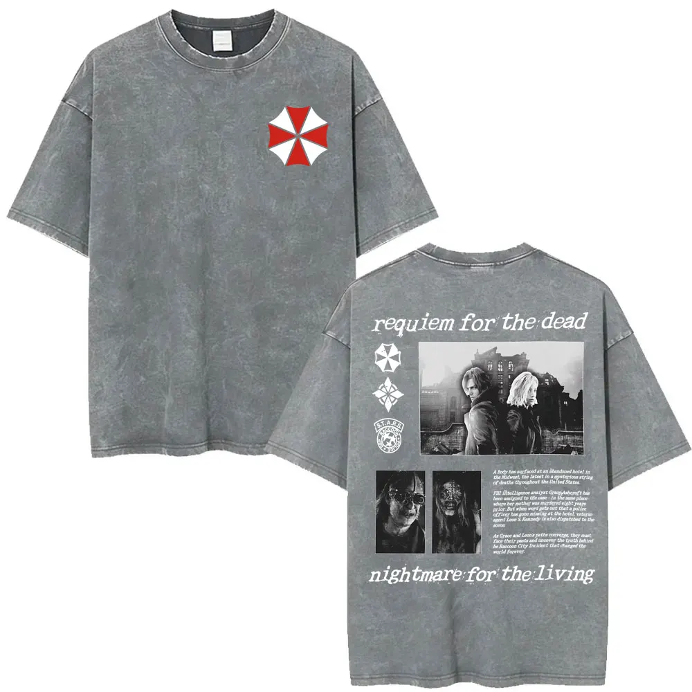 Resident Evil Requiem Washed T Shirt Leon Kennedy Grace Ashcroft Vintage 90s T-shirts Men Women Fashion Classic Harajuku T-shirt