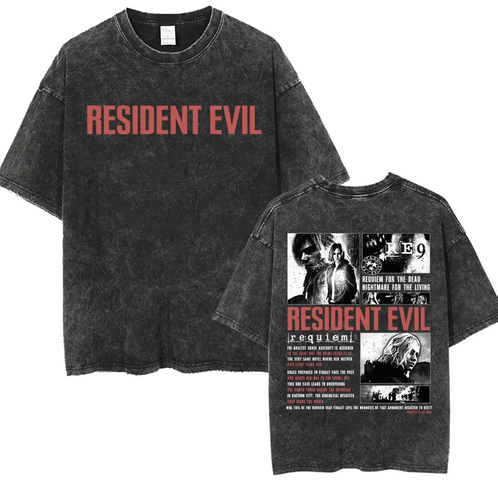 Resident Evil Requiem Washed T Shirt Leon Kennedy Grace Ashcroft Vintage 90s T-shirts Men Women Fashion Classic Harajuku T-shirt