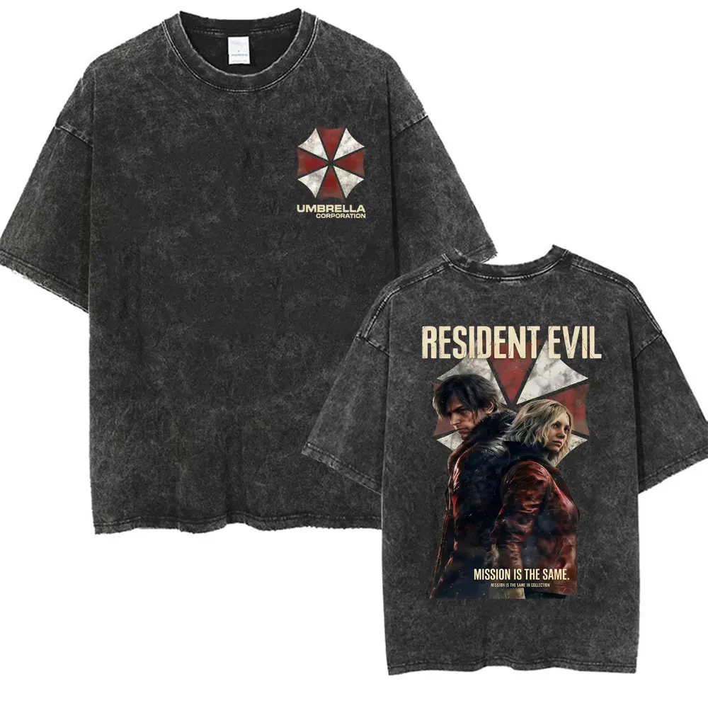 Resident Evil Requiem Washed T Shirt Leon Kennedy Grace Ashcroft Vintage 90s T-shirts Men Women Fashion Classic Harajuku T-shirt