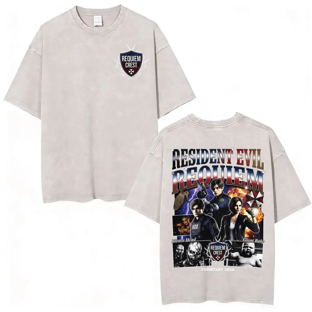 Resident Evil Requiem Washed T Shirt Leon Kennedy Grace Ashcroft Vintage 90s T-shirts Men Women Fashion Classic Harajuku T-shirt