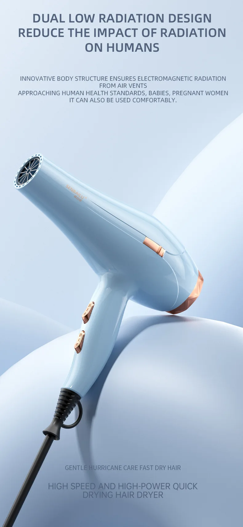 11 Second Fast Dry Hair Dryer With Pure Copper Core, High-Speed Blue Light Negative Ion Hair Care, Home Hair Salon Hair Dryer