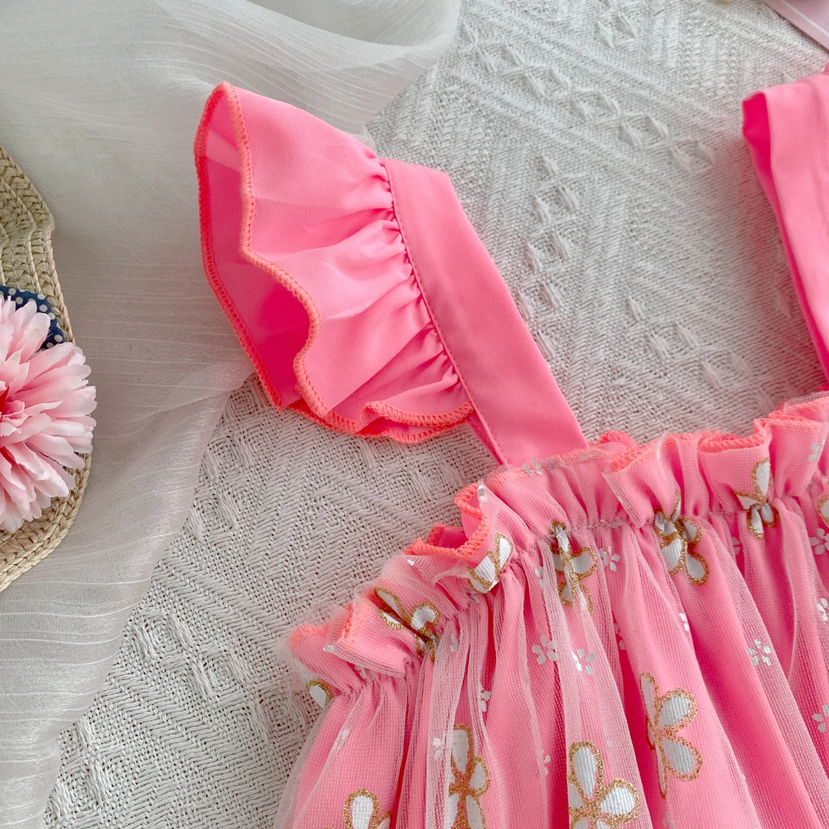 Girls Sweet Dresses Summer Daisy Mesh Suspender Strapless Flying Sleeve Dress Girl's Flowery Cute Kids Clothes