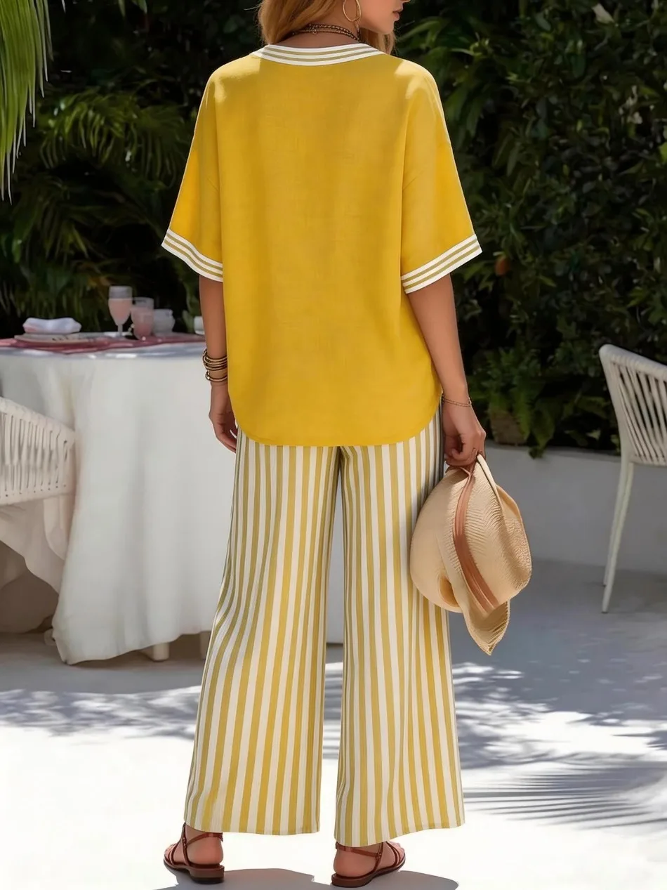 Fashion Printed Striped V-neck Short-sleeved Top + Wide-leg Trousers 2-piece Set Summer Casual Simple 9-point Pants Vacation Set