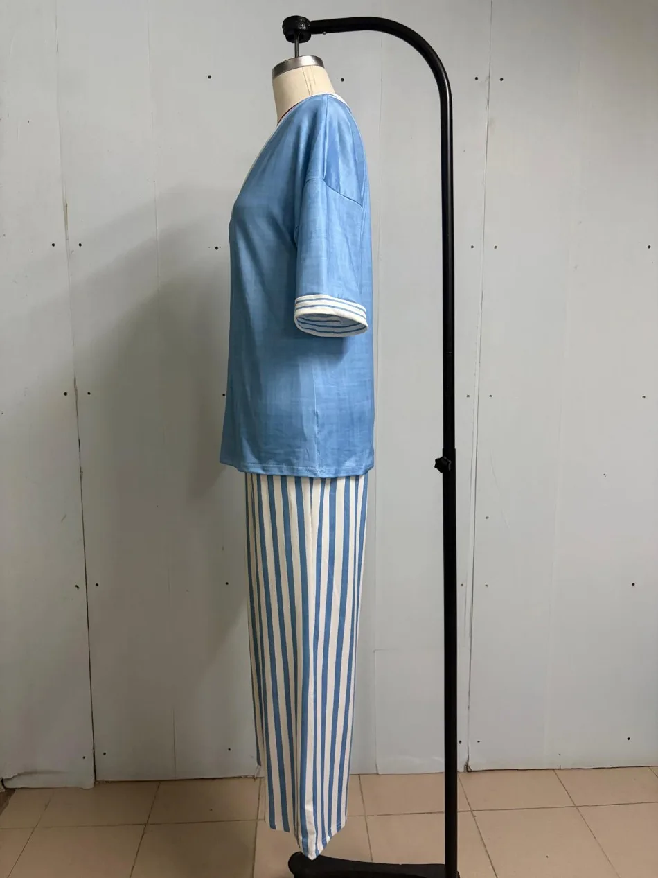Fashion Printed Striped V-neck Short-sleeved Top + Wide-leg Trousers 2-piece Set Summer Casual Simple 9-point Pants Vacation Set