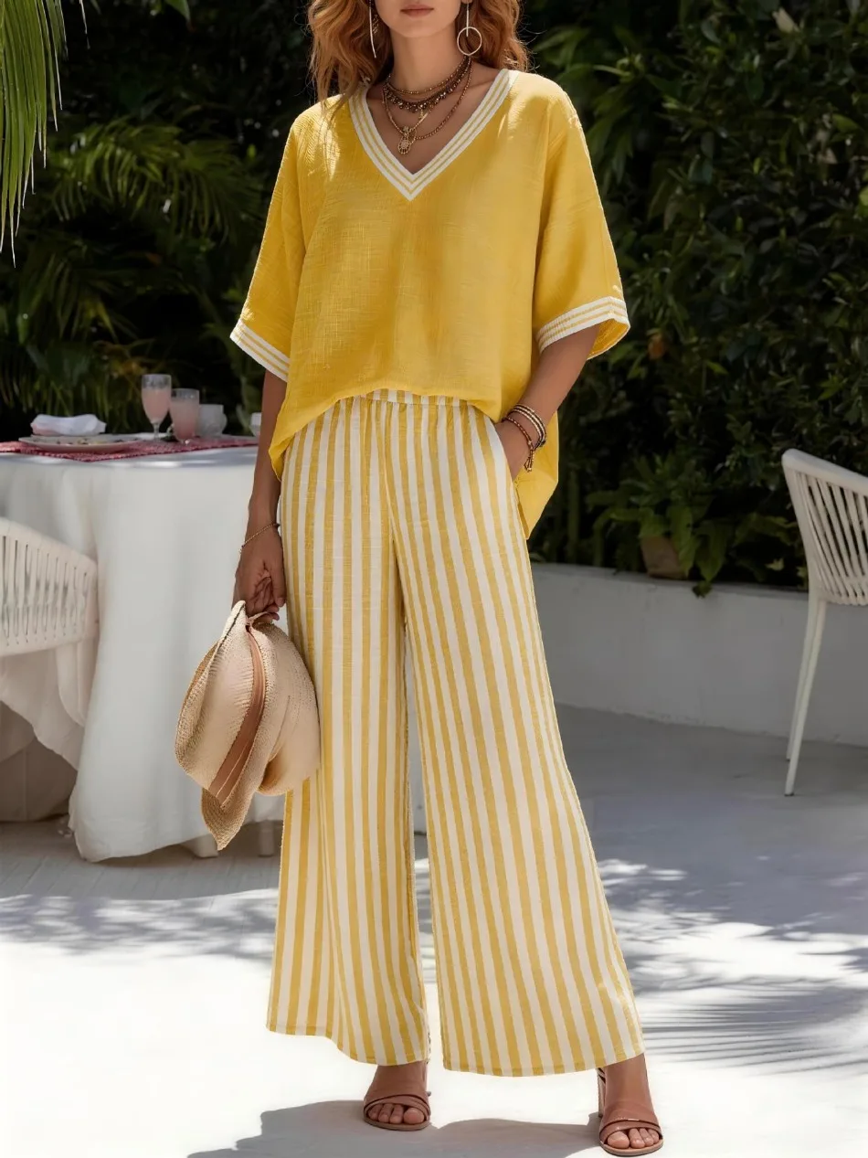 Fashion Printed Striped V-neck Short-sleeved Top + Wide-leg Trousers 2-piece Set Summer Casual Simple 9-point Pants Vacation Set