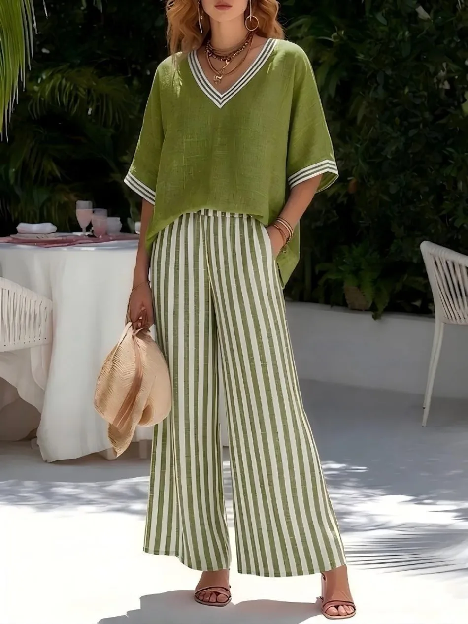 Fashion Printed Striped V-neck Short-sleeved Top + Wide-leg Trousers 2-piece Set Summer Casual Simple 9-point Pants Vacation Set