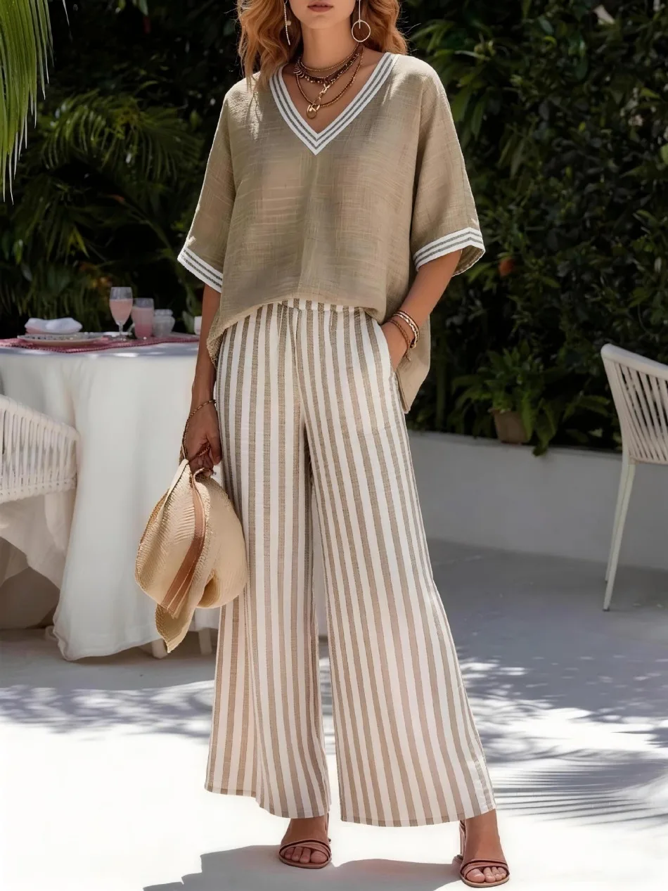 Fashion Printed Striped V-neck Short-sleeved Top + Wide-leg Trousers 2-piece Set Summer Casual Simple 9-point Pants Vacation Set