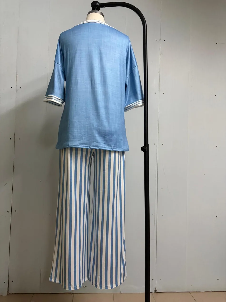 Fashion Printed Striped V-neck Short-sleeved Top + Wide-leg Trousers 2-piece Set Summer Casual Simple 9-point Pants Vacation Set
