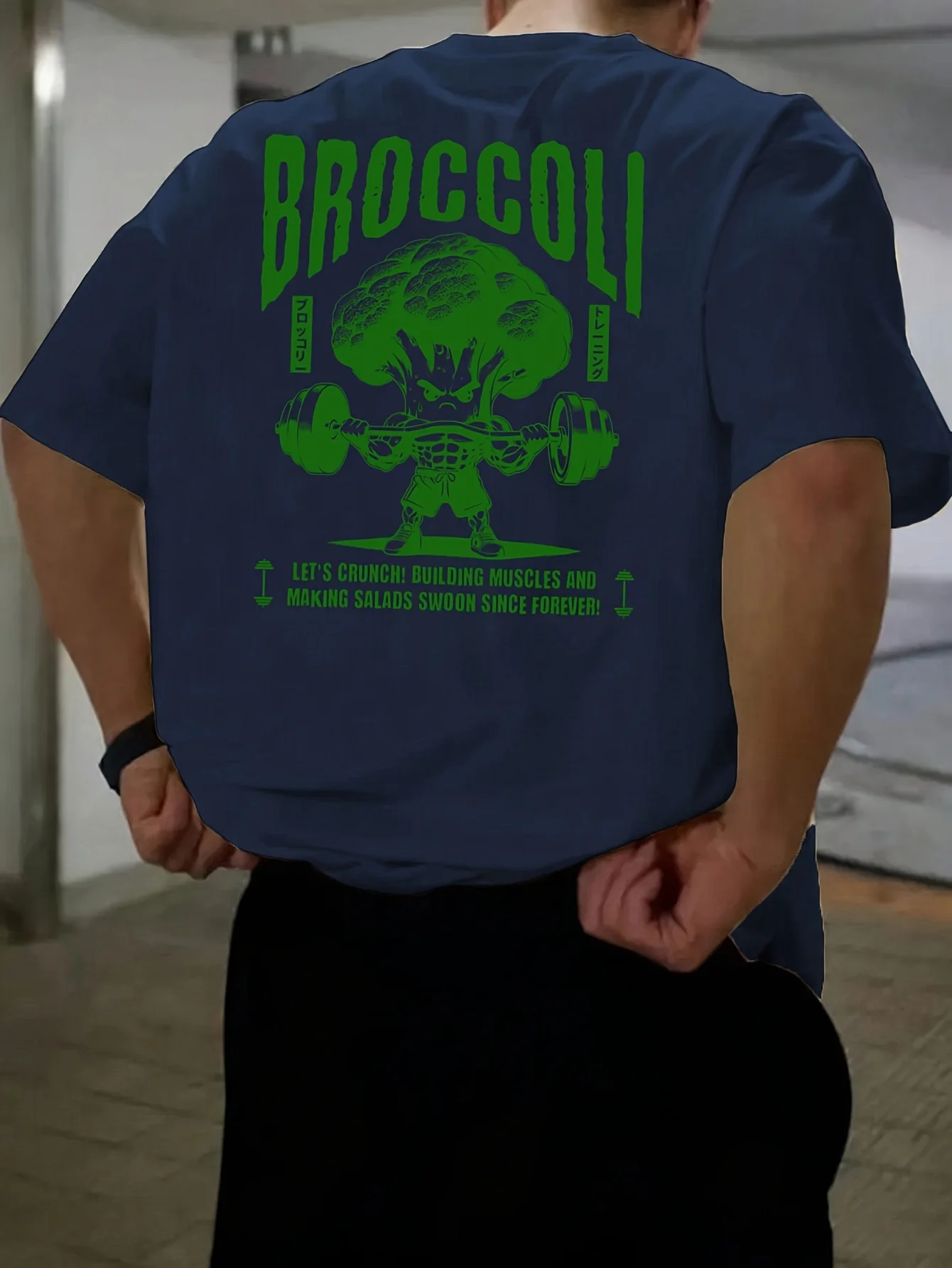 Stylish 100 Cotton Mens T shirt Featuring Green Broccoli Gym Character Ideal for Summer Urban Style and Workouts