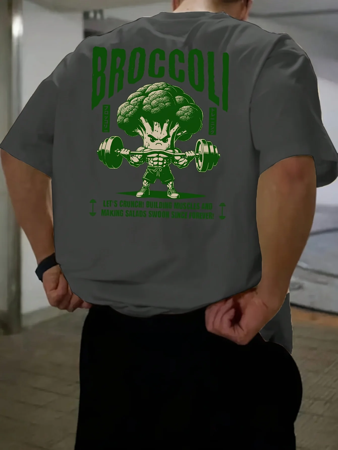 Stylish 100 Cotton Mens T shirt Featuring Green Broccoli Gym Character Ideal for Summer Urban Style and Workouts