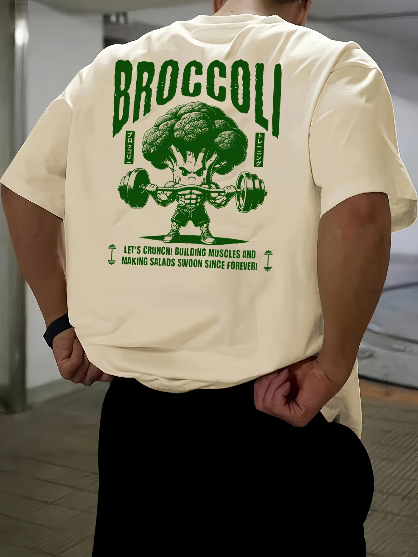Stylish 100 Cotton Mens T shirt Featuring Green Broccoli Gym Character Ideal for Summer Urban Style and Workouts