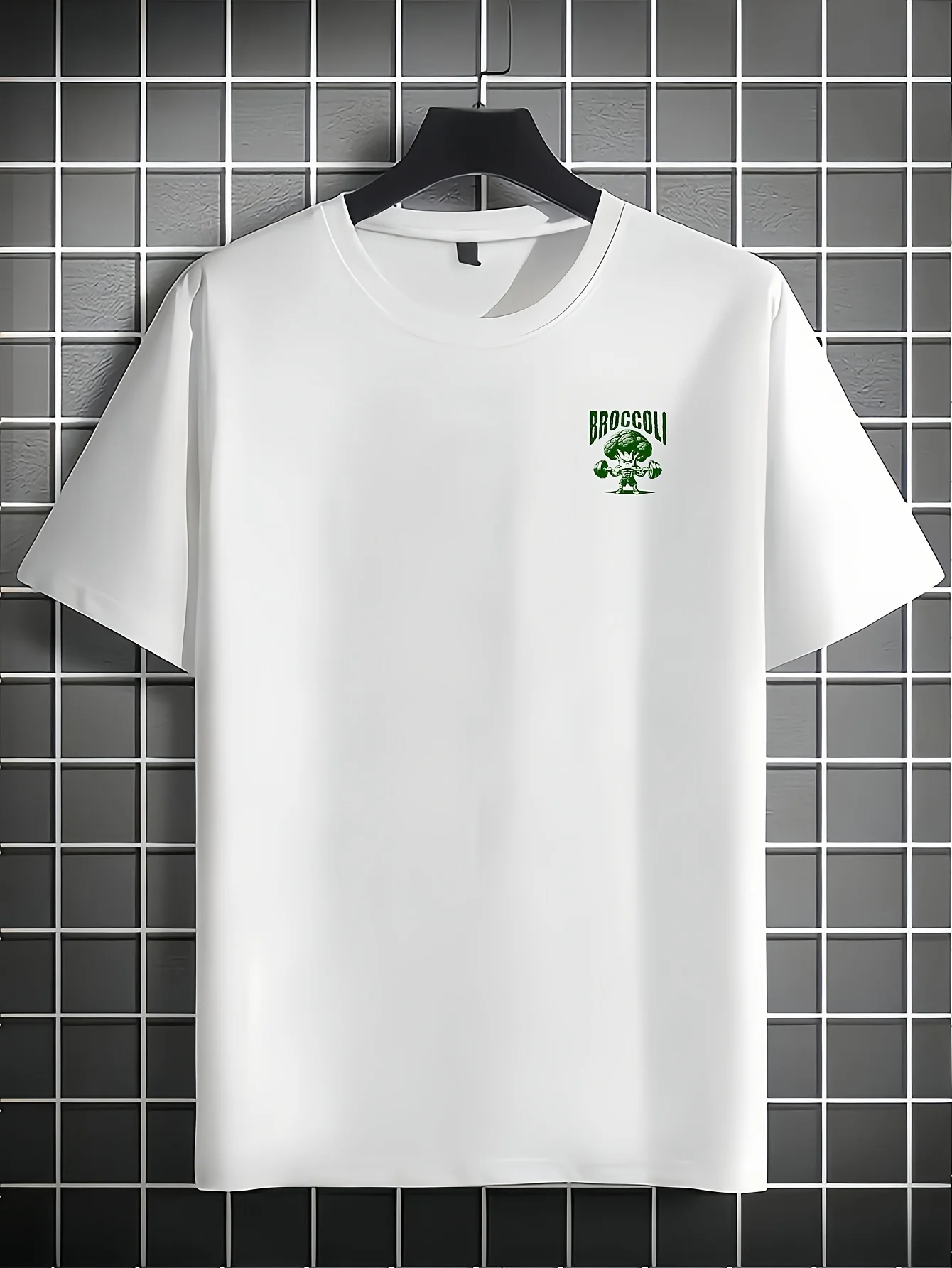 Stylish 100 Cotton Mens T shirt Featuring Green Broccoli Gym Character Ideal for Summer Urban Style and Workouts