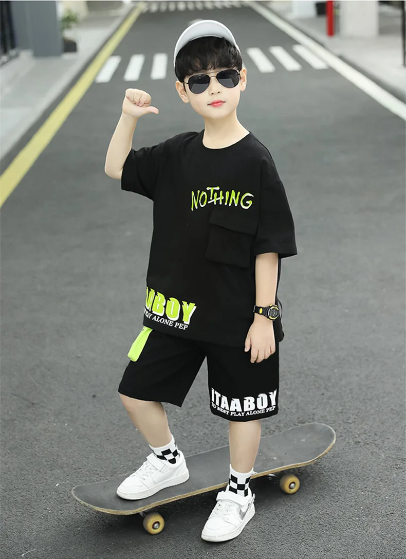 Kpop Boys Clothes Sets 2026 Summer Teen Kids Fashion Letter Print Short Sleeve T-shirt+Shorts 2Pcs Children Tracksuit Outfits