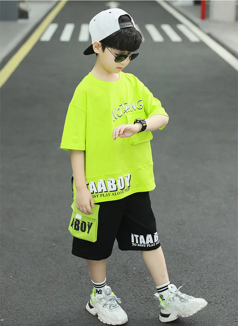 Kpop Boys Clothes Sets 2026 Summer Teen Kids Fashion Letter Print Short Sleeve T-shirt+Shorts 2Pcs Children Tracksuit Outfits