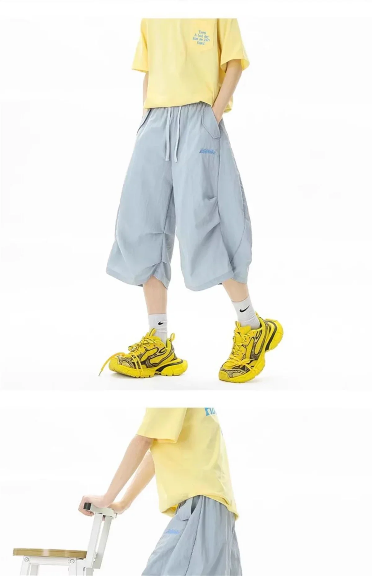Embroidered Quick-dry Shorts for Men Summer Outdoor Mountain-style Wide-leg Cropped Pants Loose Casual