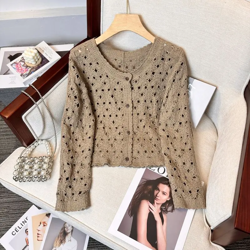 Women's Long Sleeve Button Down Crochet Blouse Open-Knit Floral Lace Cardigan Jacket French Chic Spring Autumn 2026