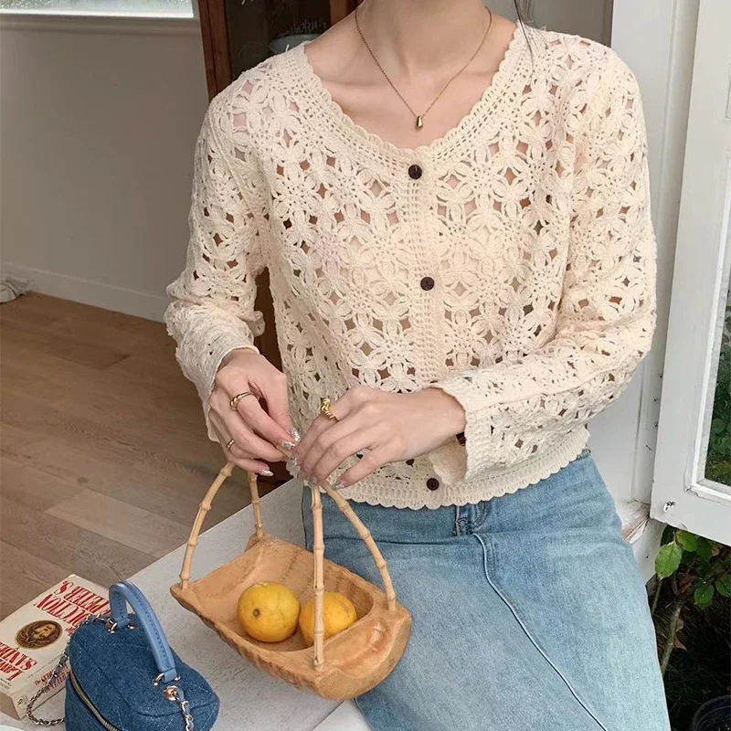Women's Long Sleeve Button Down Crochet Blouse Open-Knit Floral Lace Cardigan Jacket French Chic Spring Autumn 2026