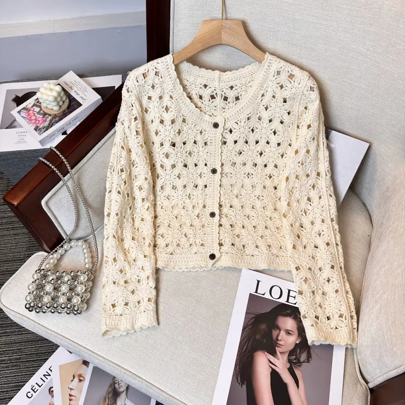 Women's Long Sleeve Button Down Crochet Blouse Open-Knit Floral Lace Cardigan Jacket French Chic Spring Autumn 2026