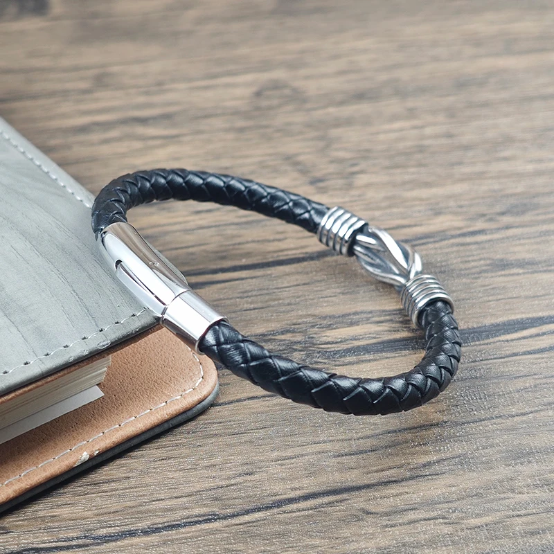 Men Black Leather Bracelet Stainless Steel Infinity Knot Charm Braided Wristband Fashion Bangle Male Jewelry Birthday Gift