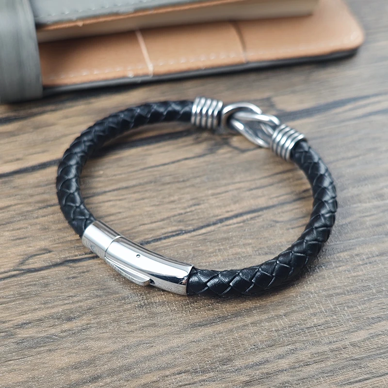 Men Black Leather Bracelet Stainless Steel Infinity Knot Charm Braided Wristband Fashion Bangle Male Jewelry Birthday Gift
