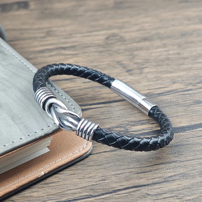 Men Black Leather Bracelet Stainless Steel Infinity Knot Charm Braided Wristband Fashion Bangle Male Jewelry Birthday Gift