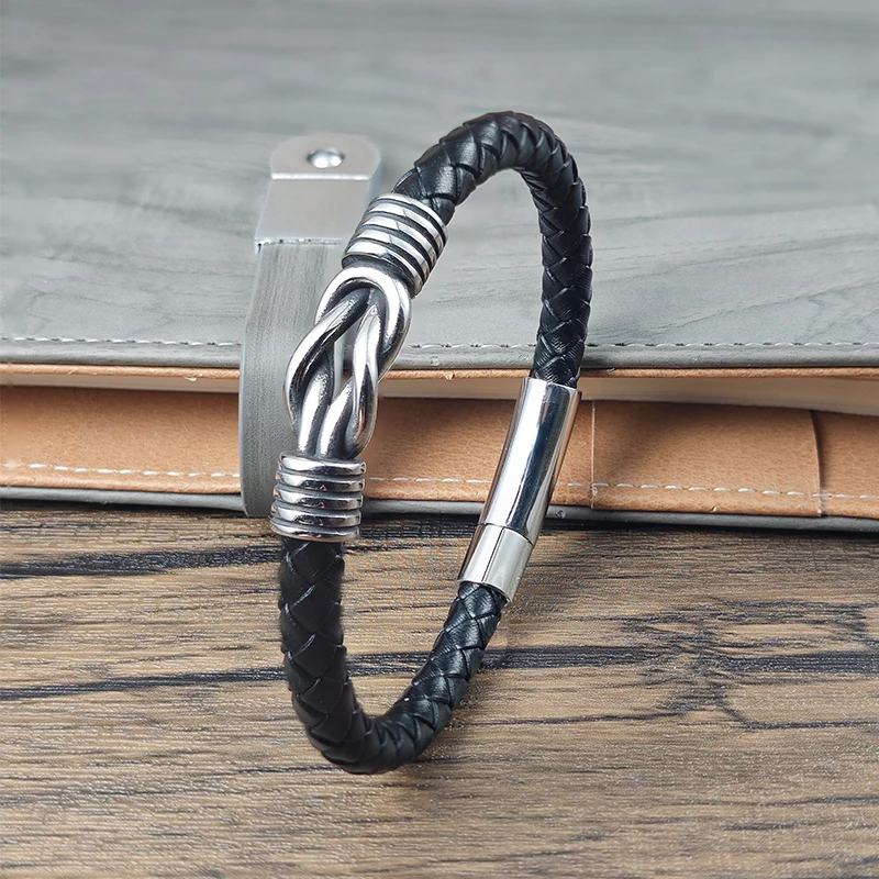 Men Black Leather Bracelet Stainless Steel Infinity Knot Charm Braided Wristband Fashion Bangle Male Jewelry Birthday Gift