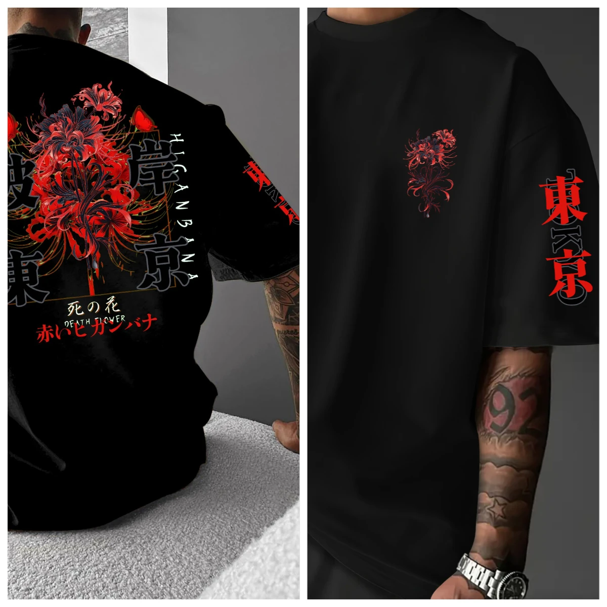 Bian An Hua Art Illustration with "DEATH FLOW" English Elements, European and American Adult Men's Casual Round Neck T-shirt
